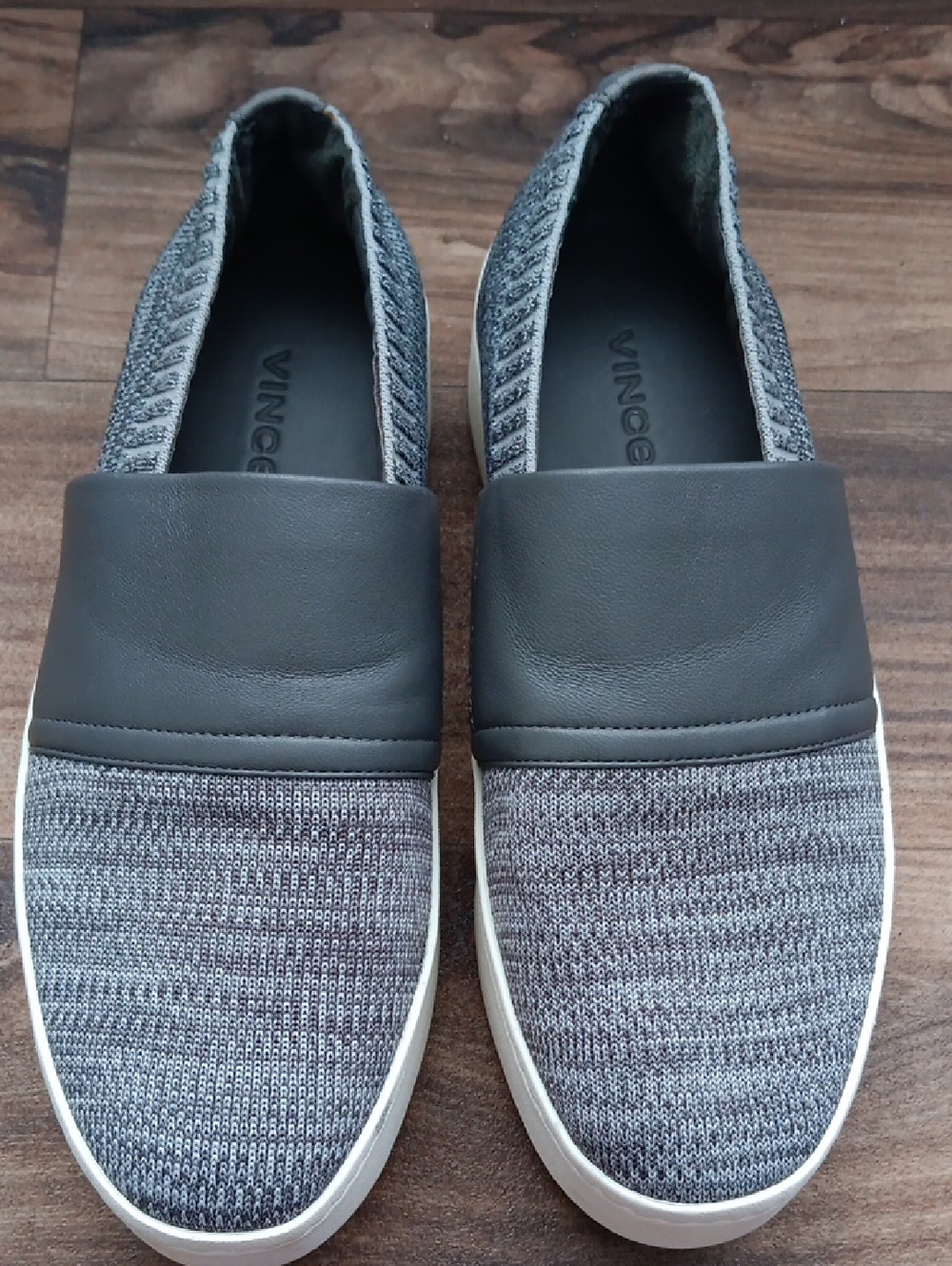Vince Gray Knit and Black Leather-Trim Slip-On Sneakers
